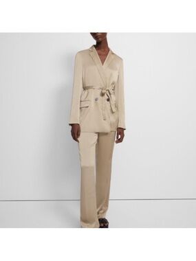 Theory Cream Satin Belted Blazer and Pants Set